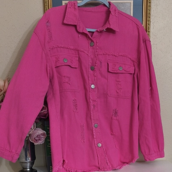Pink Distressed Button-Up Shirt jacket Shacket Distressed Glam Pretty Y2k - Picture 2 of 10